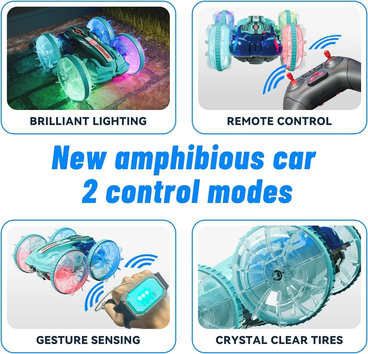 ماشین کنترلی از راه دور دوزیست با چراغ، ماشین آرسی 4WD ضد آب، چرخش 360 درجه با حرکت دست، قایق آرسی شیرین کاری، هدیه تولد برای پسران و دختران