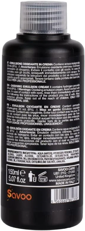 کرم امولسیون اکسیدان ساوو 20 حجمی 6% 150 میلی لیتر – کرم فعال کننده حرفه ای رنگ مو و دکلره | بافت نرم و استفاده آسان | موهای درخشان و محافظت شده در طول درمان رنگ