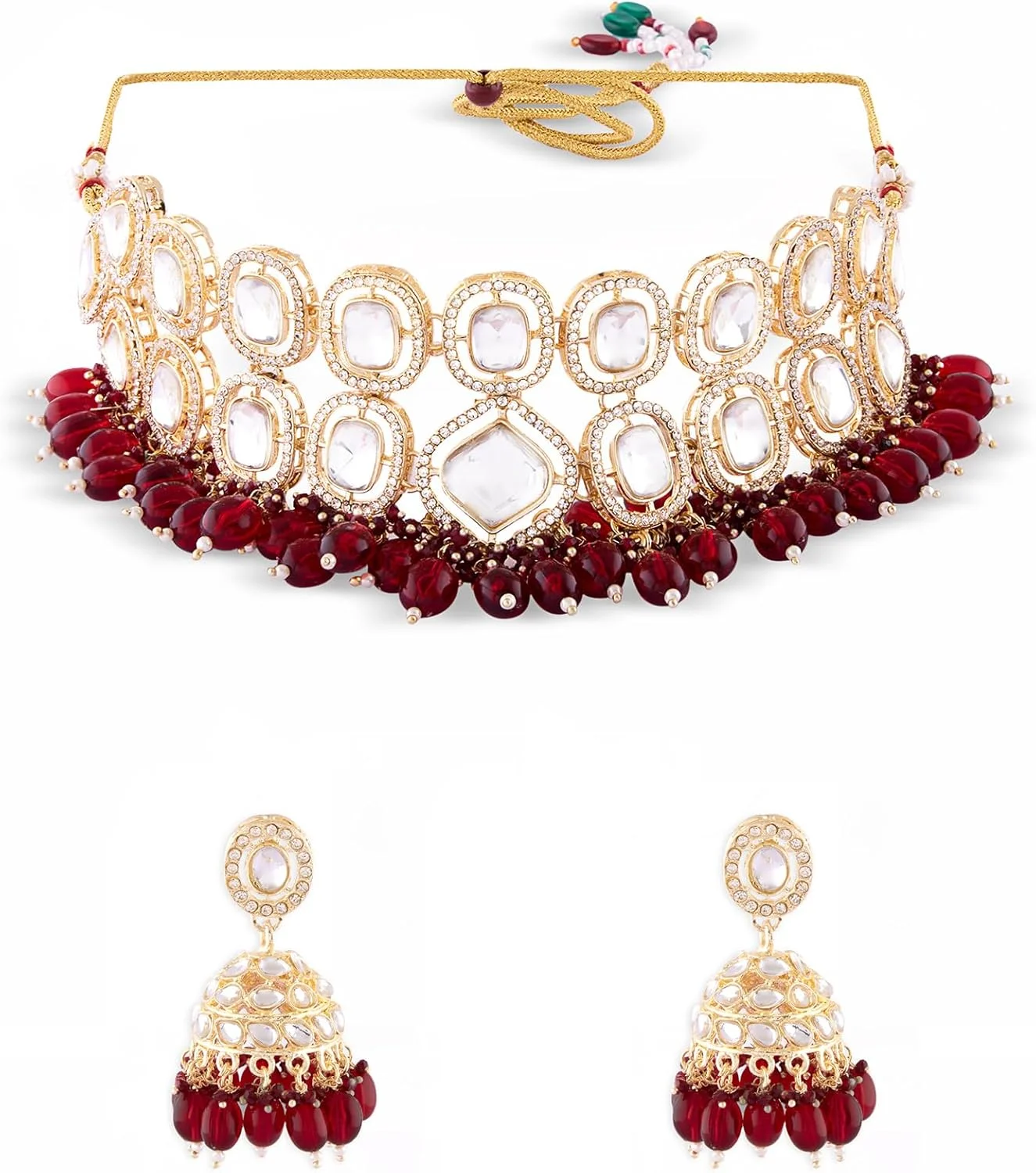 ZAVERI PEARLS گردنبند چوکر عروس نگین دار خوشه ای مارون و گوشواره زنانه - ZPFK17932