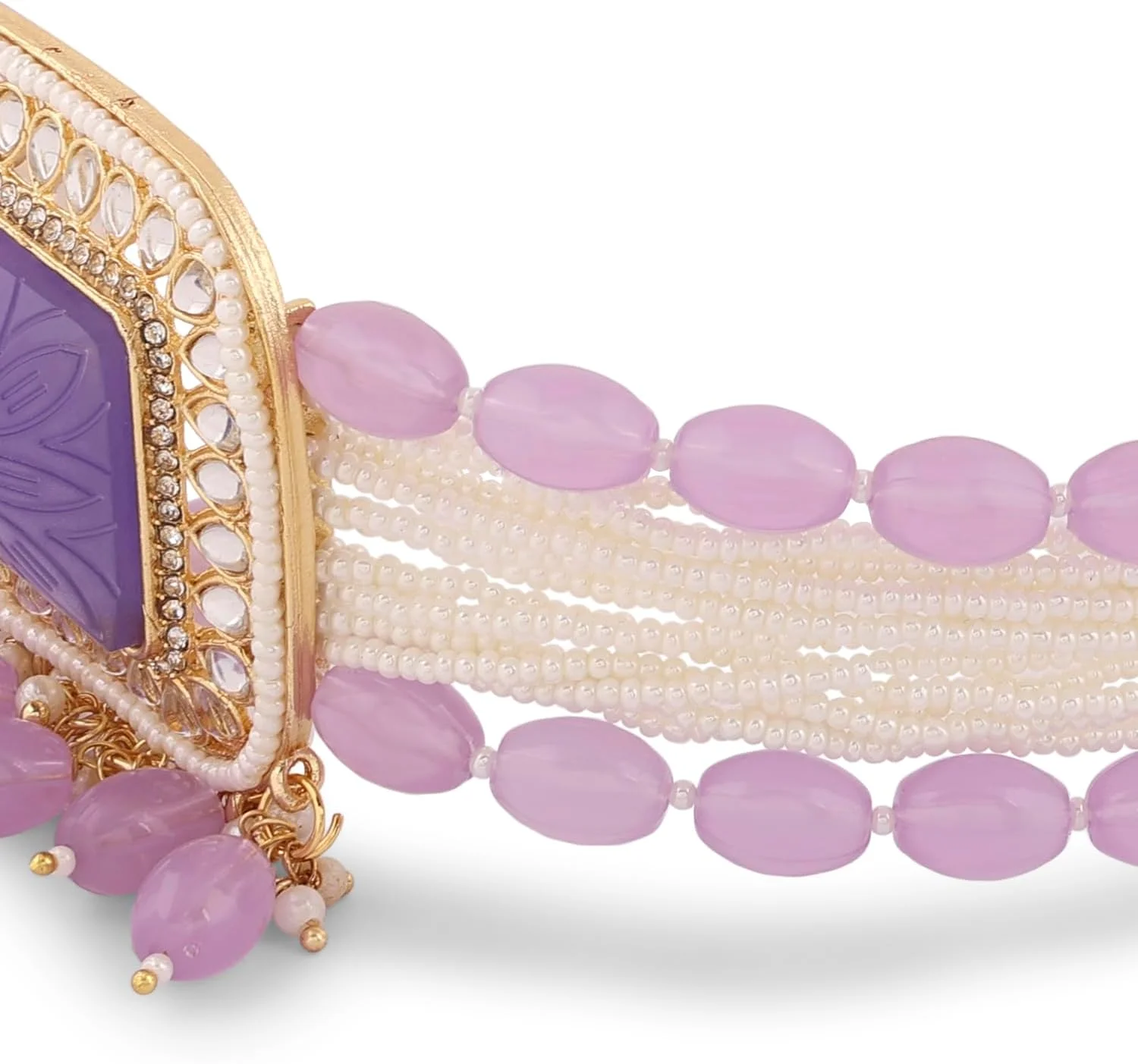 زیوری پرلز، ست گردنبند چوکر، گوشواره و انگشتر چند رشته ای بنفش با سنگ های Kundan و مهره، مناسب برای زنان - ZPFK16606 زیوری پرلز، ست گردنبند چوکر، گوشواره و انگشتر چند رشته ای بنفش با سنگ های Kundan و مهره، مناسب برای زنان - ZPFK16606