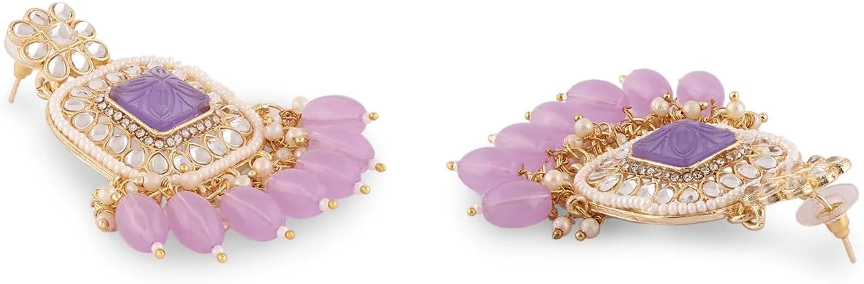 زیوری پرلز، ست گردنبند چوکر، گوشواره و انگشتر چند رشته ای بنفش با سنگ های Kundan و مهره، مناسب برای زنان - ZPFK16606 زیوری پرلز، ست گردنبند چوکر، گوشواره و انگشتر چند رشته ای بنفش با سنگ های Kundan و مهره، مناسب برای زنان - ZPFK16606