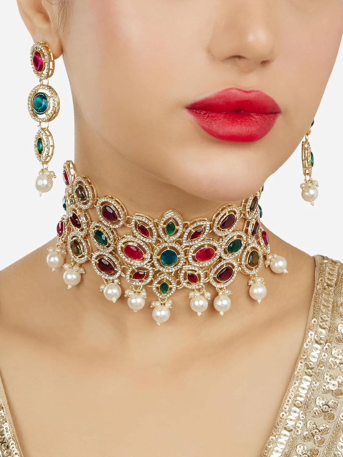 ZAVERI PEARLS گردنبند چوکر سنگ های خیره کننده چند رنگ اتریشی و گوشواره زنانه - ZPFK18075 ZAVERI PEARLS گردنبند چوکر سنگ های خیره کننده چند رنگ اتریشی و گوشواره زنانه - ZPFK18075