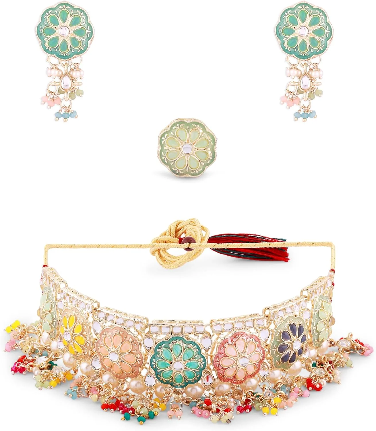ZAVERI PEARLS ست گردنبند چوکر، گوشواره و انگشتر چند رنگ میناکاری کندان زنانه مدل ZPFK16399