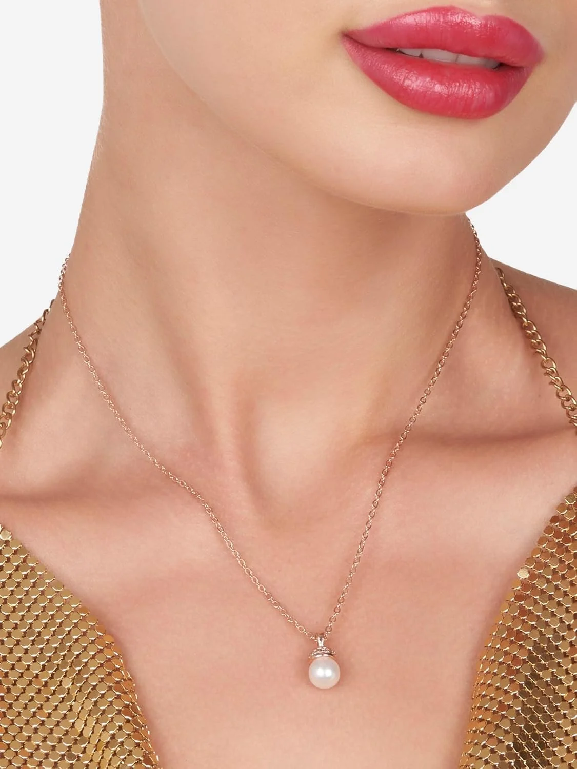 آویز مروارید و زیرکونیا با زنجیر طلای رزگلد ZAVERI PEARLS مدل ZPFK16193، گردنبند برنجی زنانه آویز مروارید و زیرکونیا با زنجیر طلای رزگلد ZAVERI PEARLS مدل ZPFK16193، گردنبند برنجی زنانه