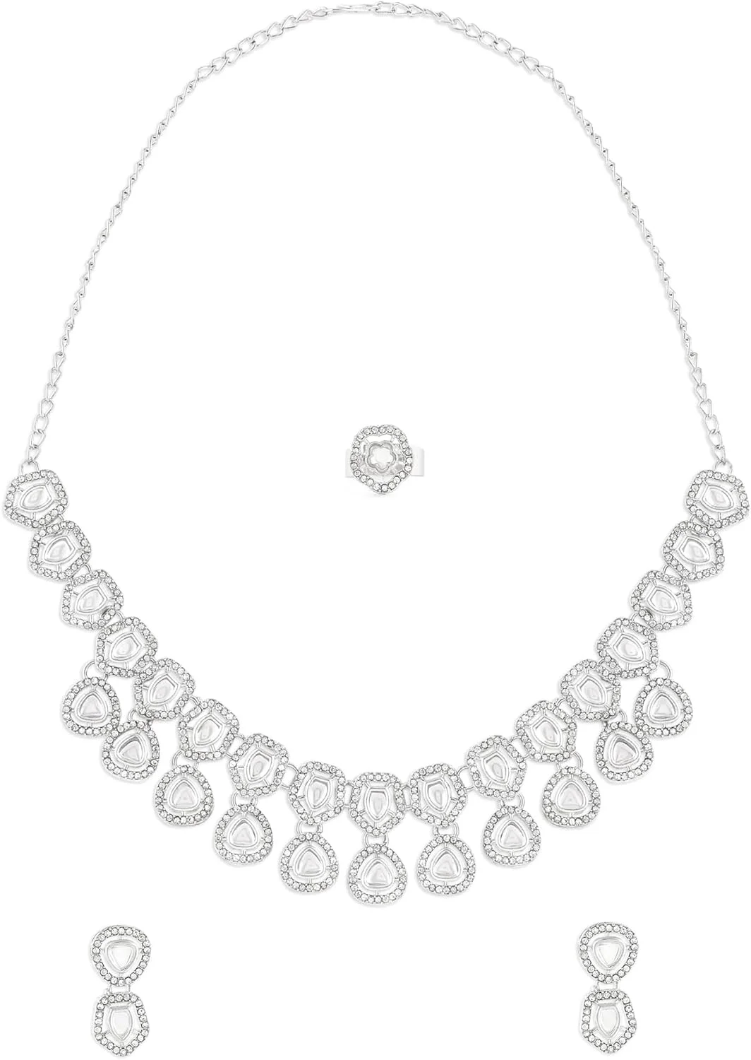 ست گردنبند، گوشواره و انگشتر زنانه نگین اتریشی نقره ای ZAVERI PEARLS مدل ZPFK17289