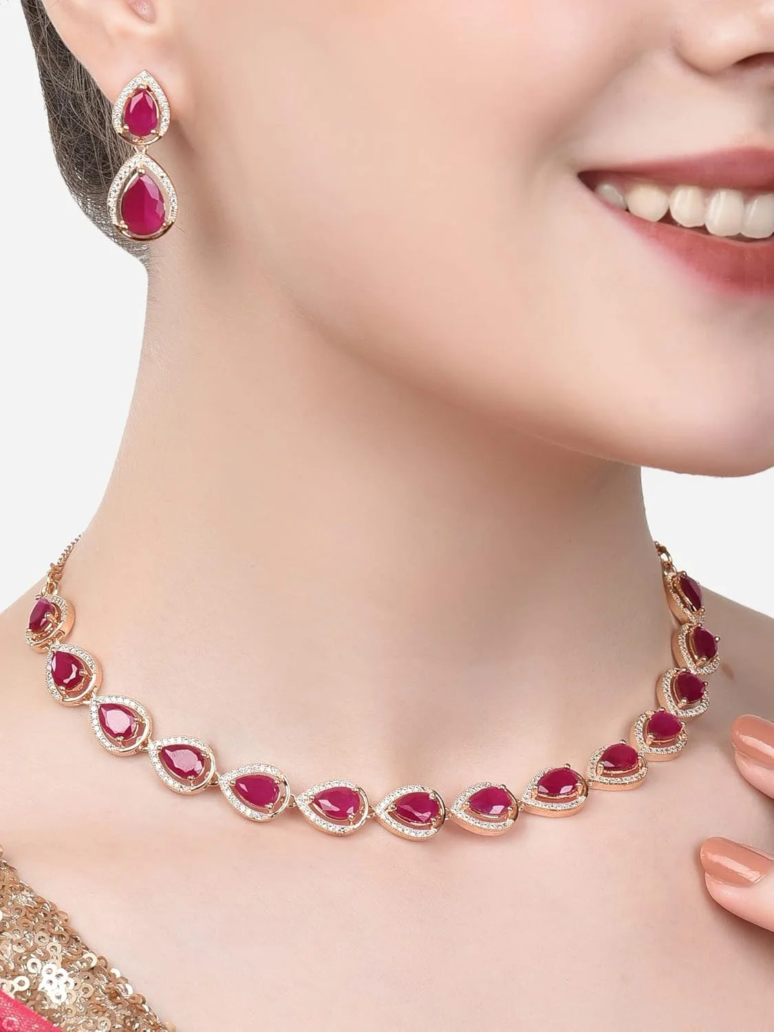 زاوِری پیرلز ست گردنبند و گوشواره زنانه برنجی نگین زیرکونیا صورتی اشکی مدل ZPFK15301 زاوِری پیرلز ست گردنبند و گوشواره زنانه برنجی نگین زیرکونیا صورتی اشکی مدل ZPFK15301