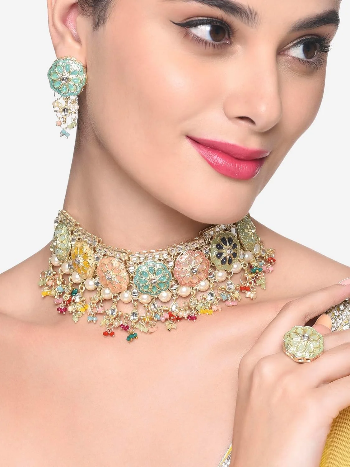 ZAVERI PEARLS ست گردنبند چوکر، گوشواره و انگشتر چند رنگ میناکاری کندان زنانه مدل ZPFK16399 ZAVERI PEARLS ست گردنبند چوکر، گوشواره و انگشتر چند رنگ میناکاری کندان زنانه مدل ZPFK16399