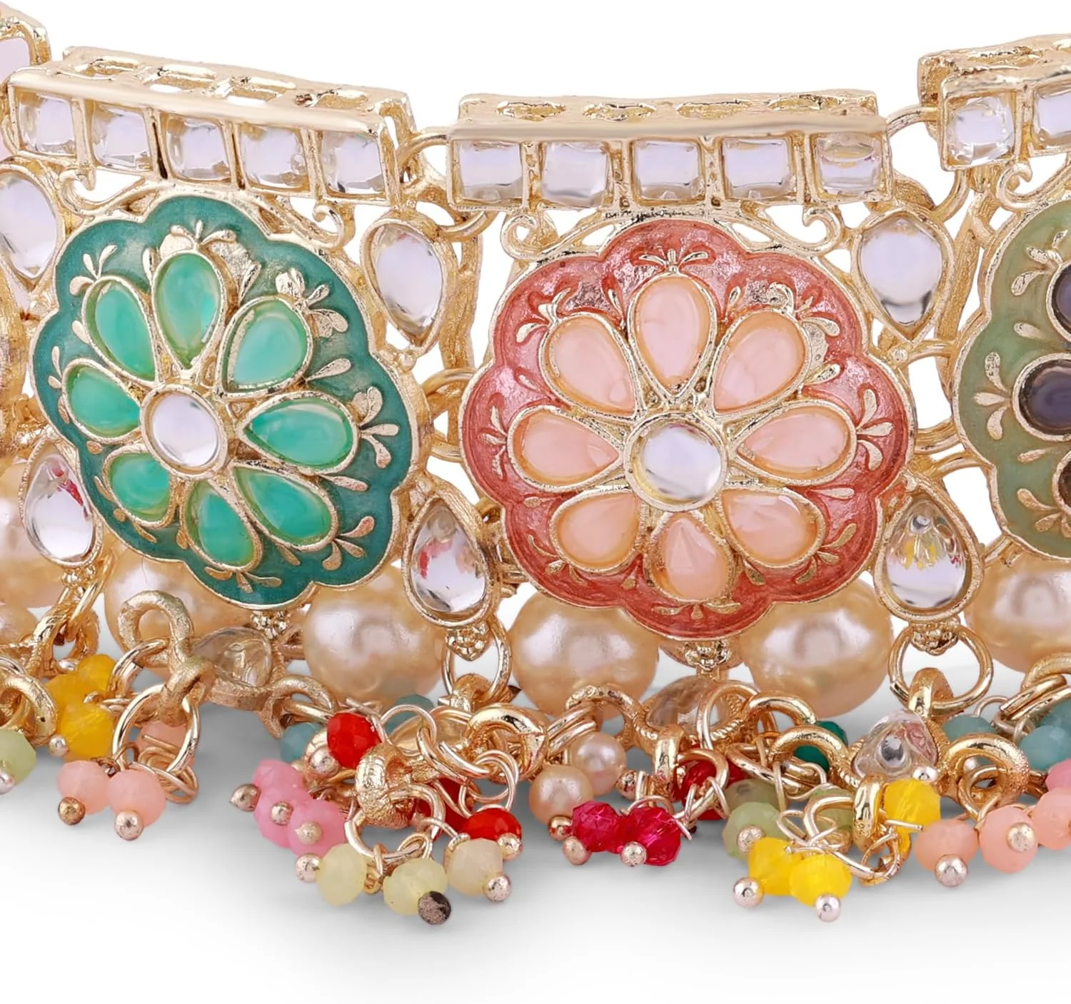 ZAVERI PEARLS ست گردنبند چوکر، گوشواره و انگشتر چند رنگ میناکاری کندان زنانه مدل ZPFK16399 ZAVERI PEARLS ست گردنبند چوکر، گوشواره و انگشتر چند رنگ میناکاری کندان زنانه مدل ZPFK16399