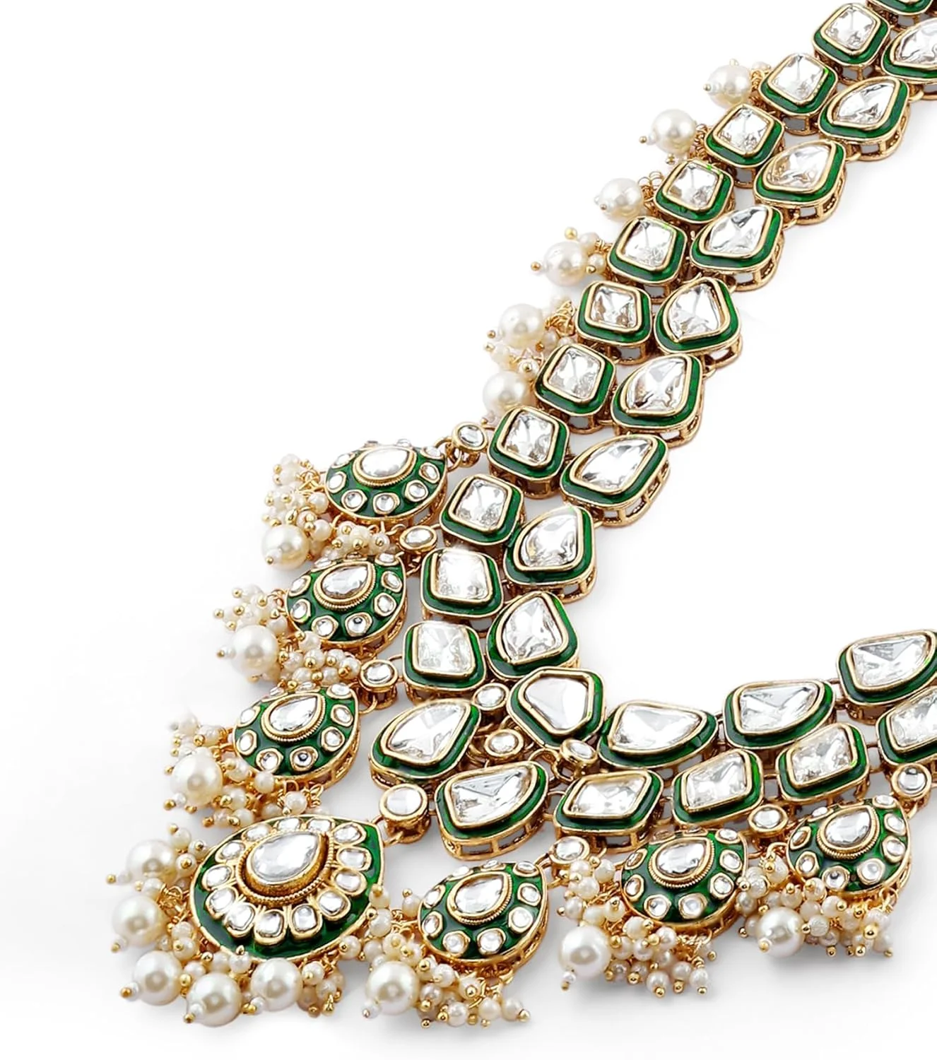 زیوری پیرلز ست گردنبند بلند، گوشواره و مانگتیکا عروس سبز میناکاری کندان درخشان زنانه - ZPFK17761 زیوری پیرلز ست گردنبند بلند، گوشواره و مانگتیکا عروس سبز میناکاری کندان درخشان زنانه - ZPFK17761