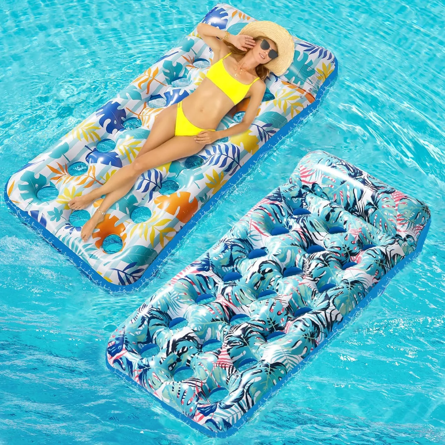 تشک بادی استخر Masroo بسته 2 عددی، شناورهای بادی بزرگسال با تکیه گاه سر، تشک بادی دریاچه، شناورهای استخر چند منظوره اسباب بازی برای مهمانی استخر، ساحل تابستانی، فضای باز