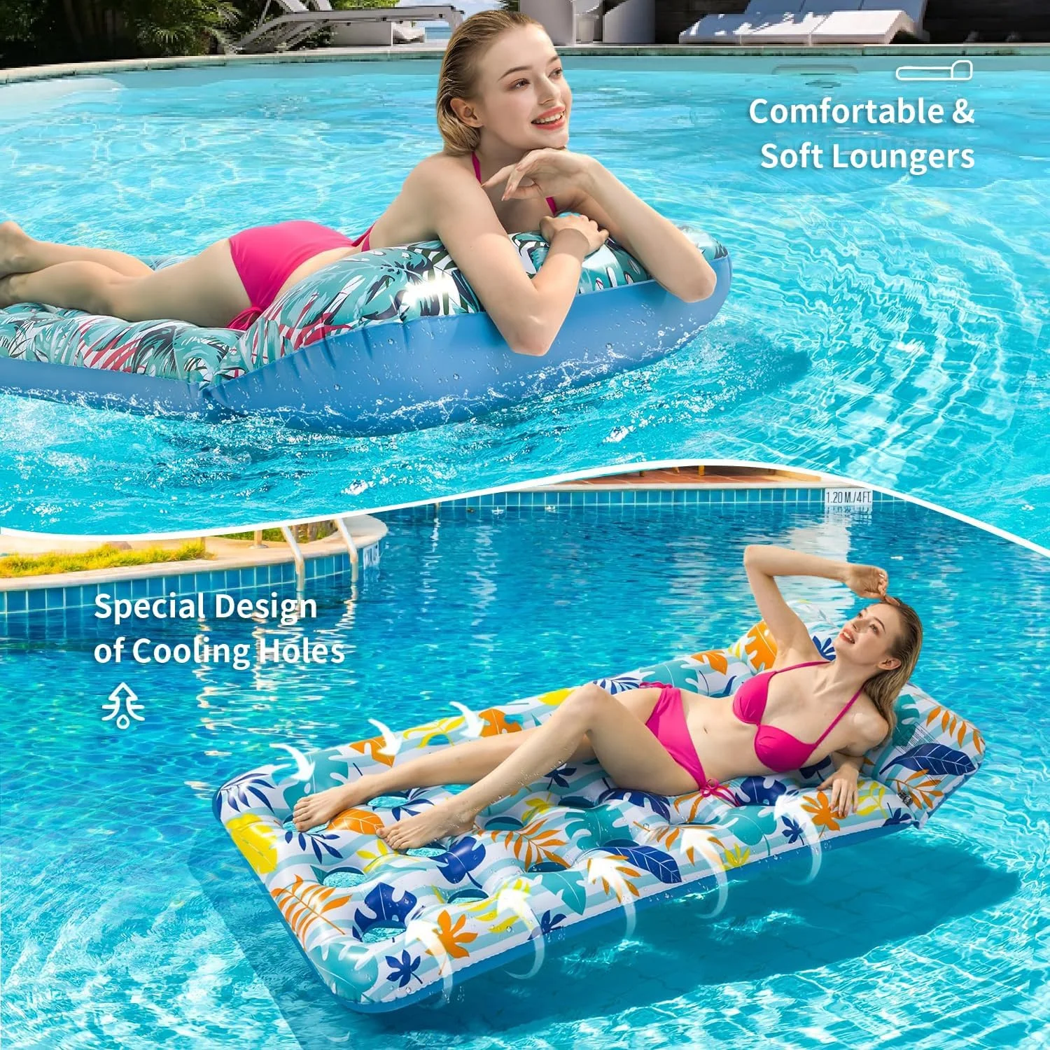 تشک بادی استخر Masroo بسته 2 عددی، شناورهای بادی بزرگسال با تکیه گاه سر، تشک بادی دریاچه، شناورهای استخر چند منظوره اسباب بازی برای مهمانی استخر، ساحل تابستانی، فضای باز