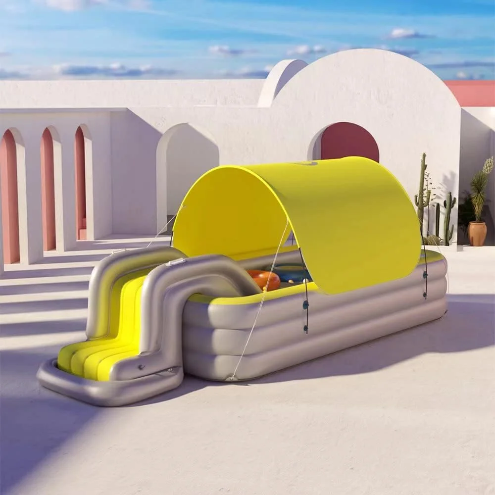 استخر بادی لیموس با سرسره جداشدنی و سایبان آفتاب، استخر شنای خانوادگی برای بزرگسالان، استخر بادی برای حیاط خلوت، استخر استراحت برای فضای باز، حیاط خلوت، باغ (زرد)