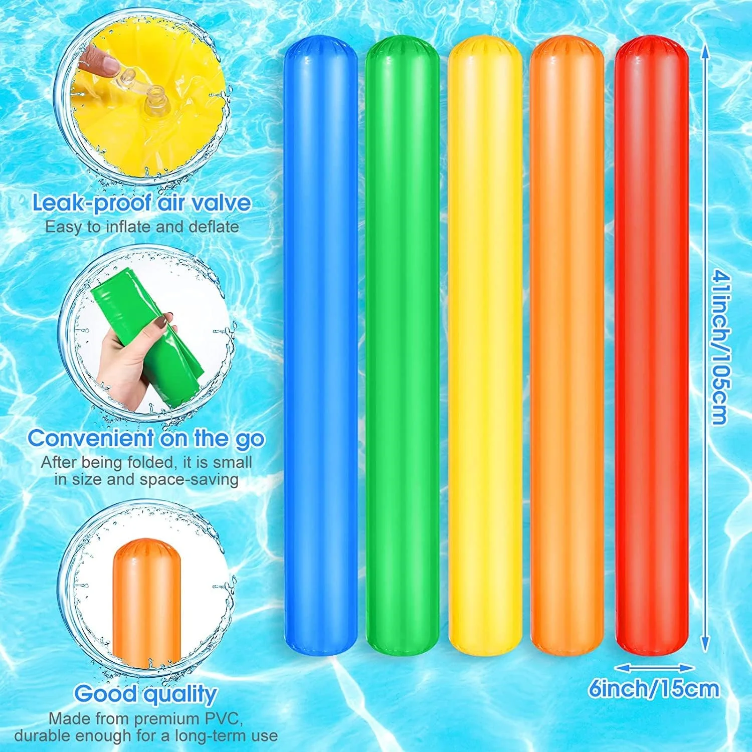 چوب های بادی استخر MAKINGTEC، نودل های شناور بادی رنگارنگ استخر، چوب های شناور آبی 105 سانتی متری برای بزرگسالان و کودکان، اسباب بازی های بازی آبی در فضای باز، تزئینات مهمانی استخر ساحلی (5 عدد)