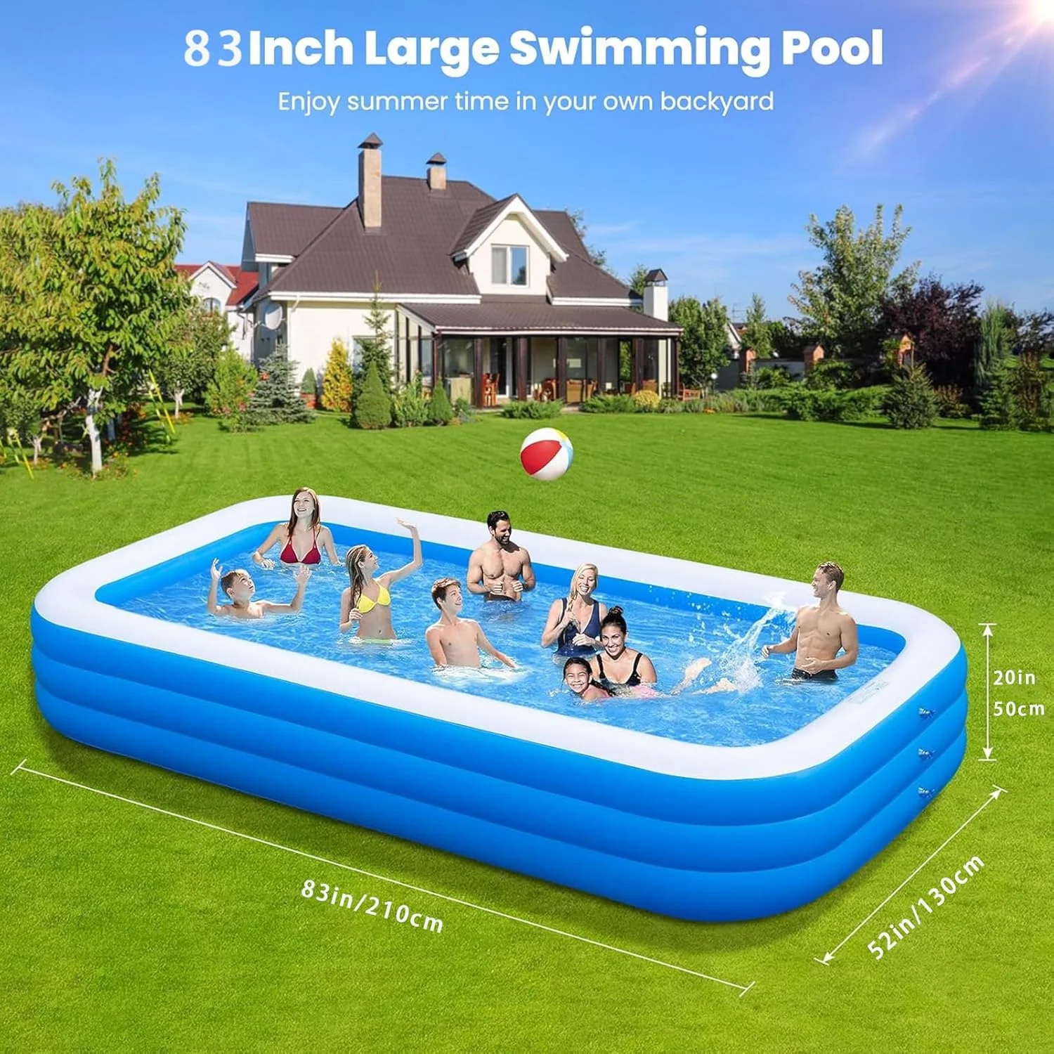 استخر بادی Lazybr مناسب بزرگسالان و کودکان، 210x130x50 سانتی متر، استخر بادی ضخیم برای فضای باز، حیاط خلوت، باغ، استخرهای شنا برای کودکان و بزرگسالان، مناسب مهمانی های آبی تابستانی در حیاط خلوت، فضای باز و باغ