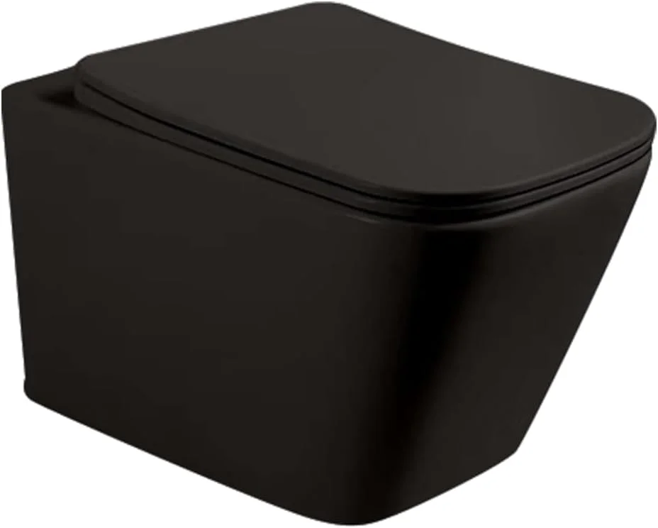 توالت فرنگی وال هنگ اولیند دیزاین مدل Rodbo - سرامیک بدون لبه با درب آرام بند، سیفون دو زمانه، P-Trap با فاصله 180 میلی متر از دیوار، طراحی جمع و جور دیواری (مشکی مات)