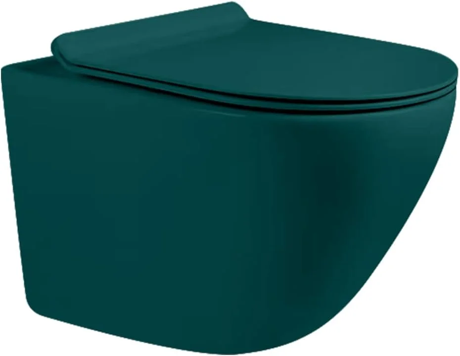 توالت فرنگی دیواری اولیند دیزاین مدل Paron - سرامیک بدون لبه با درب آرام بند، سیستم دو زمانه، P-Trap 180mm، طراحی مدرن دیواری برای حمام بهداشتی (سبز مات)
