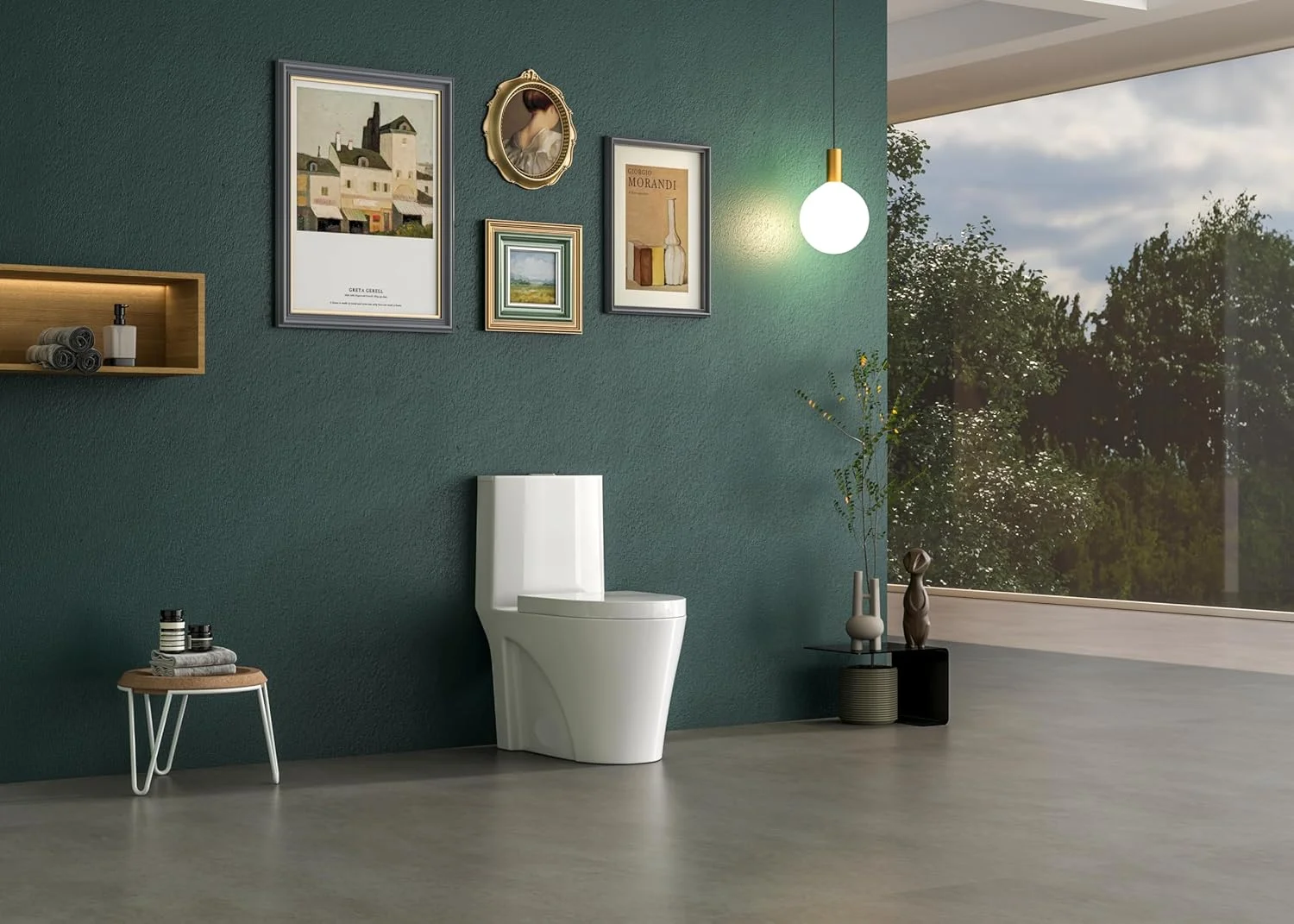 توالت فرنگی یک تکه بیضی شکل MEJE مدل #45، تخلیه از دیوار 250 میلی‌متر، درب آرام‌بند، روکش سرامیکی براق، تمیز کردن آسان، ایده‌آل برای خانه‌های خاورمیانه