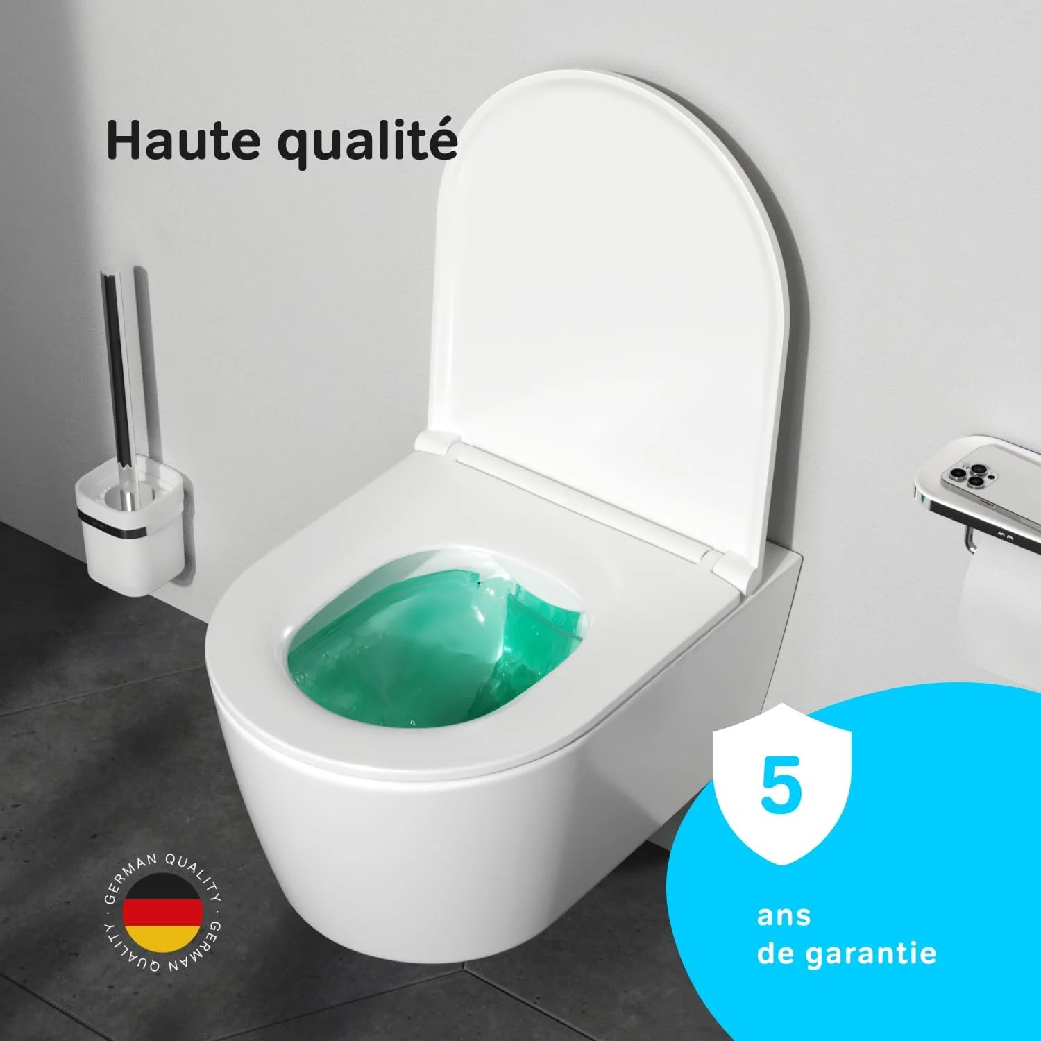 توالت فرنگی دیواری بدون لبه AM.PM Func FlashClean، توالت گود با درب آرام بند، توالت دیواری ساخته شده از سرامیک، سفید، طول 49 سانتی متر