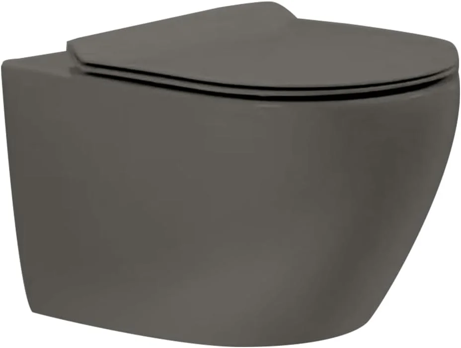 توالت وال هنگ Ölind Design Ramba - توالت فرنگی سرامیکی بدون لبه با درب آرام بند، سیستم تخلیه دوگانه، P-Trap 180mm، طراحی فشرده دیواری برای حمام های مدرن (خاکستری تیره مات)