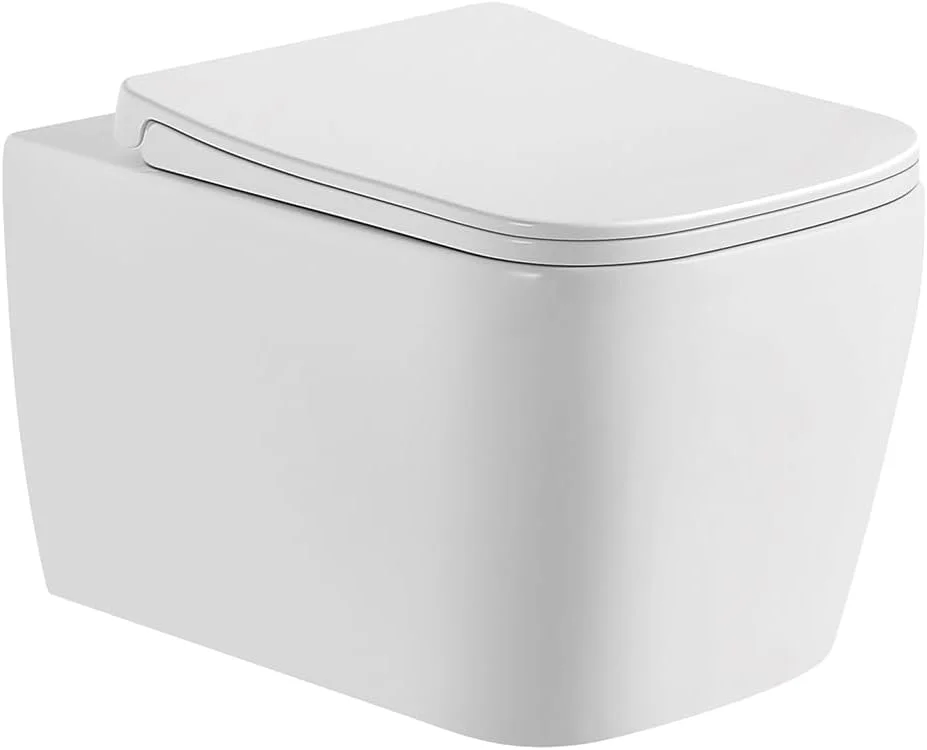 توالت فرنگی دیواری اولیند دیزاین مدل Flata با درب آرام بند - توالت سرامیکی مدرن، سیفون دو زمانه، P-Trap 180mm، محافظ پاشش آب، تحمل بار - تجهیزات حمام معاصر (سفید براق)