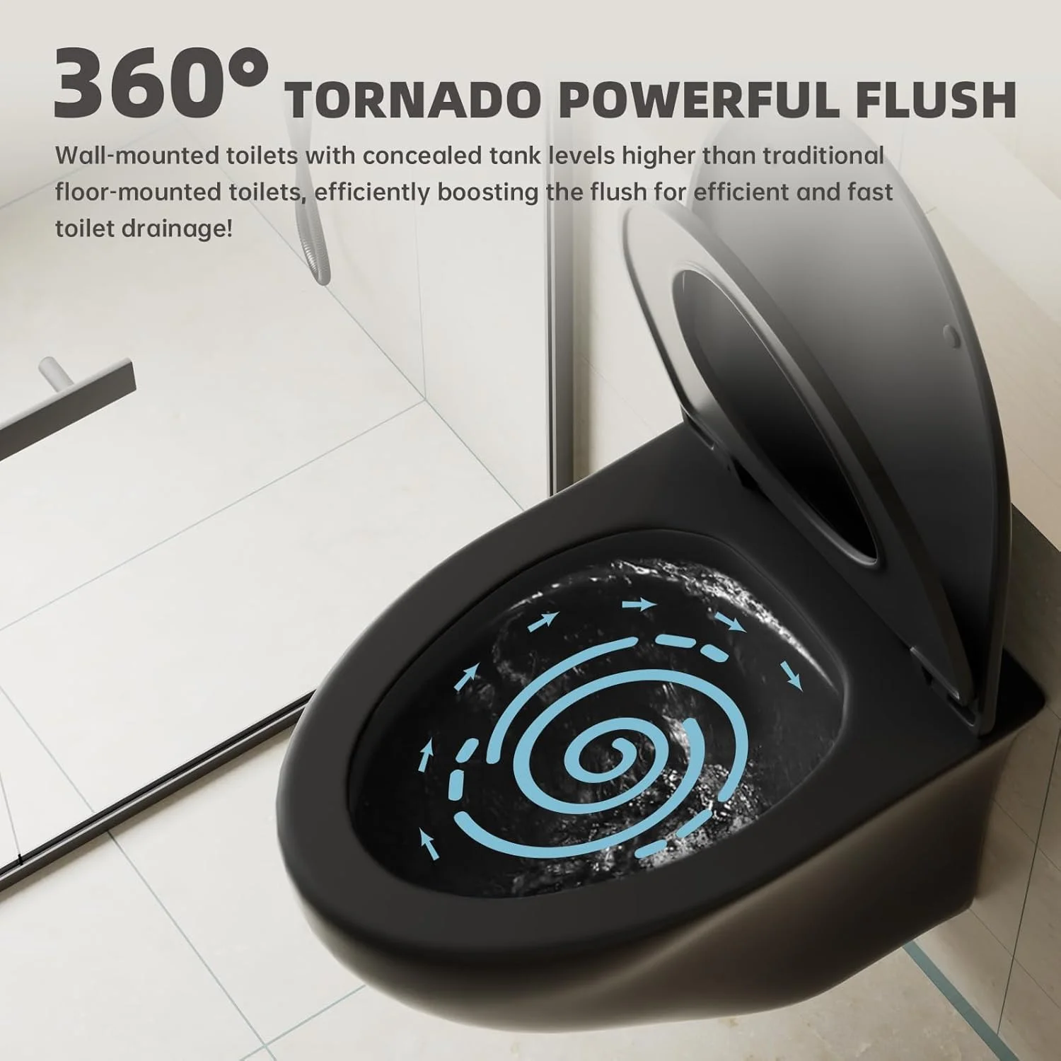 توالت فرنگی مشکی دیواری، توالت مدرن سرامیکی با درب آرام بند، توالت بدون لبه WBT مناسب برای حمام های کوچک، سیفون توکار توالت شامل نمی شود، فاین دپو