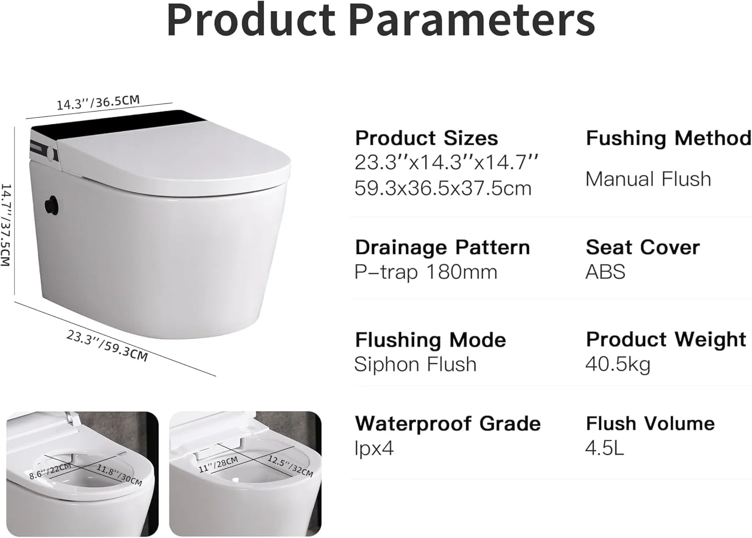 توالت دیواری MEJE مدل #T010W - همراه با فلاش تانک توکار، درب آرام بند، دو زمانه، سفید (بدون نیاز به مخزن اضافی)