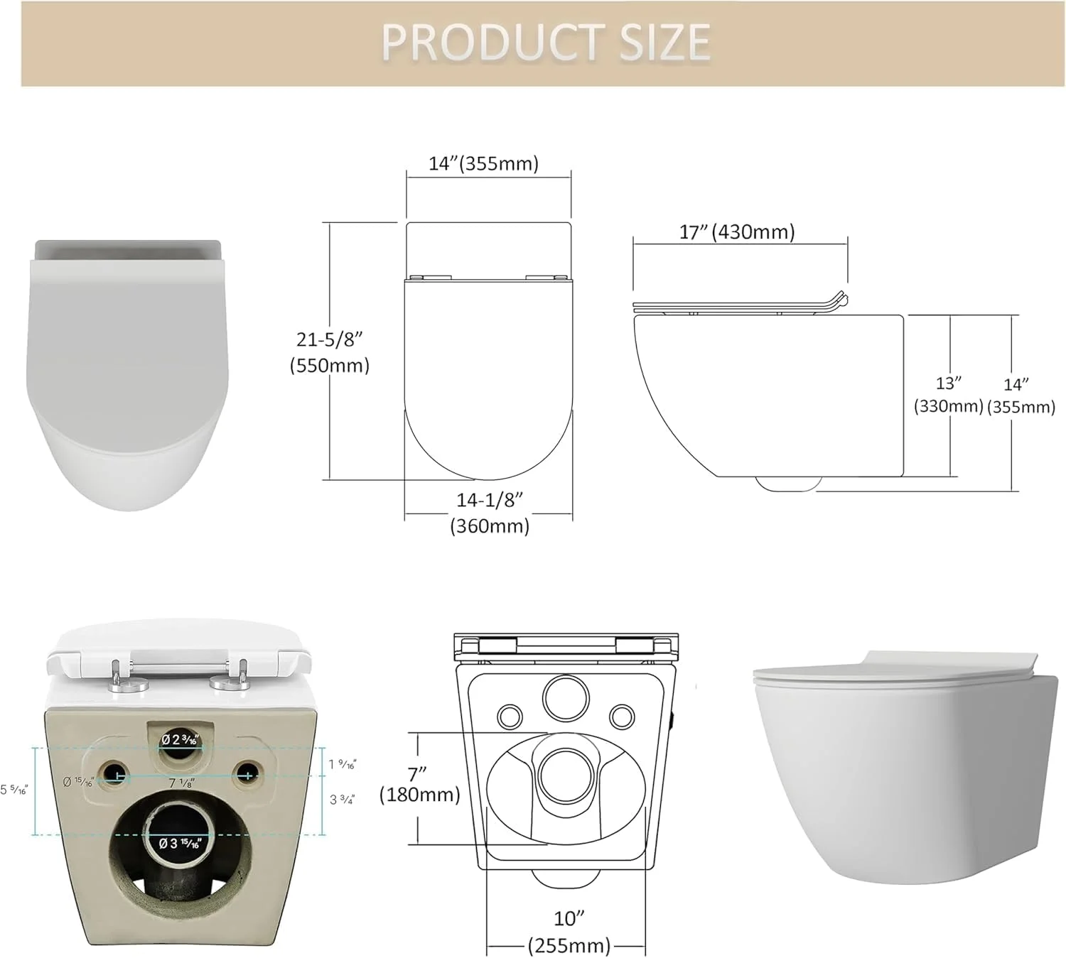 توالت فرنگی دیواری MEJE - دو زمانه، درب آرام بند، صرفه جویی در فضا، روکش سفید براق