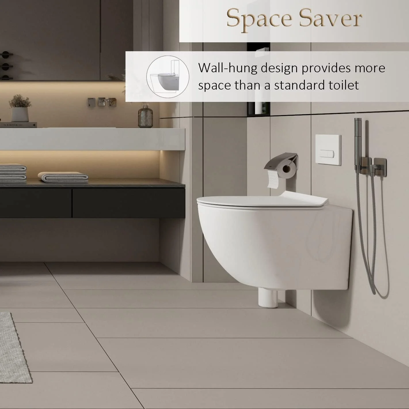 توالت فرنگی دیواری MEJE - دو زمانه، درب آرام بند، صرفه جویی در فضا، روکش سفید براق