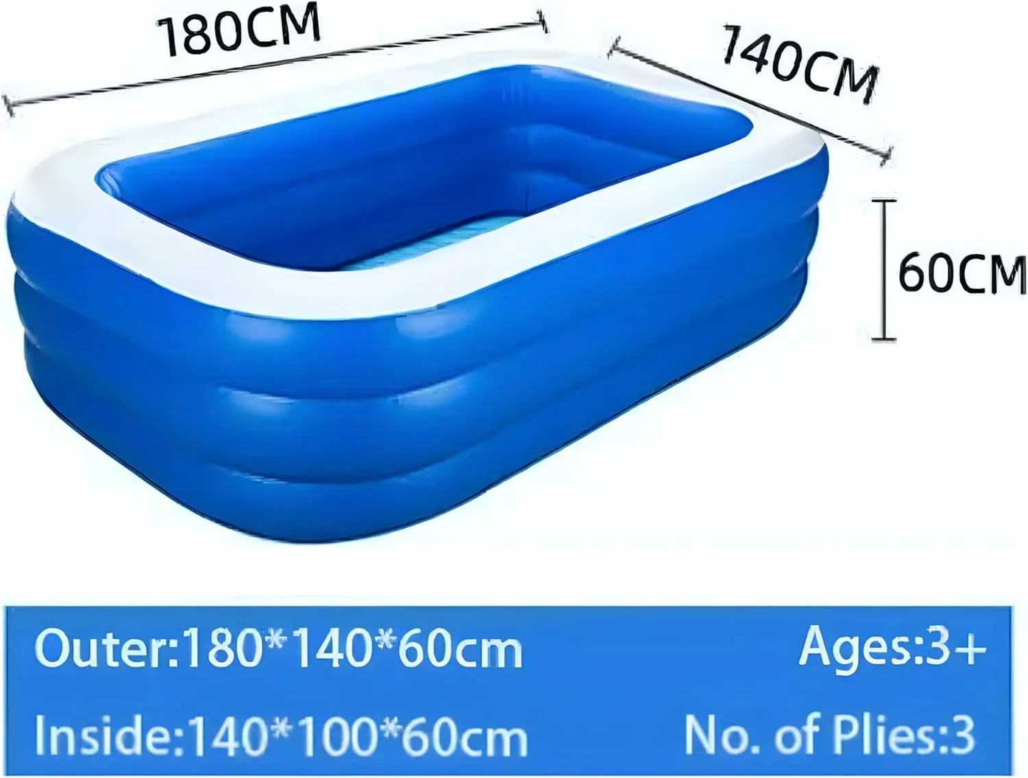 استخر بادی HEXAR®، استخر کودکان، سایز بزرگ، استخر بادی برای خانواده، بزرگسالان، کودکان نوپا، استخر بادی مستطیلی بزرگسالان برای فضای داخلی، فضای باز، حیاط خلوت (180 X 140 X 60 سانتی متر)