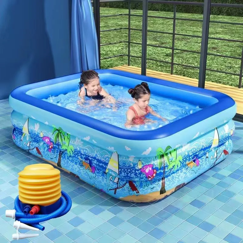 استخر بادی خانوادگی، 150 x 105 x 50 سانتی متر، طرح اقیانوس به همراه پمپ هوا، بسیار مناسب برای استفاده در فضای باز، باغ، حیاط و مهمانی، آبی