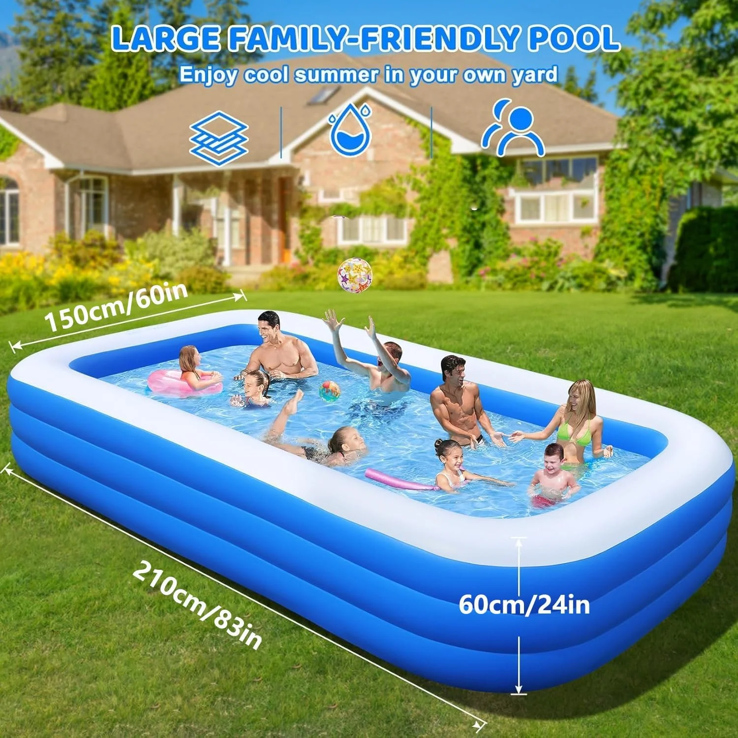 استخر بادی - استخر کودکان، 210x150x60 سانتی متر، طراحی بادوام و ضخیم، استخر شنا برای بچه ها، حیاط خلوت، باغ، حیاط پشتی، مهمانی آب تابستانی