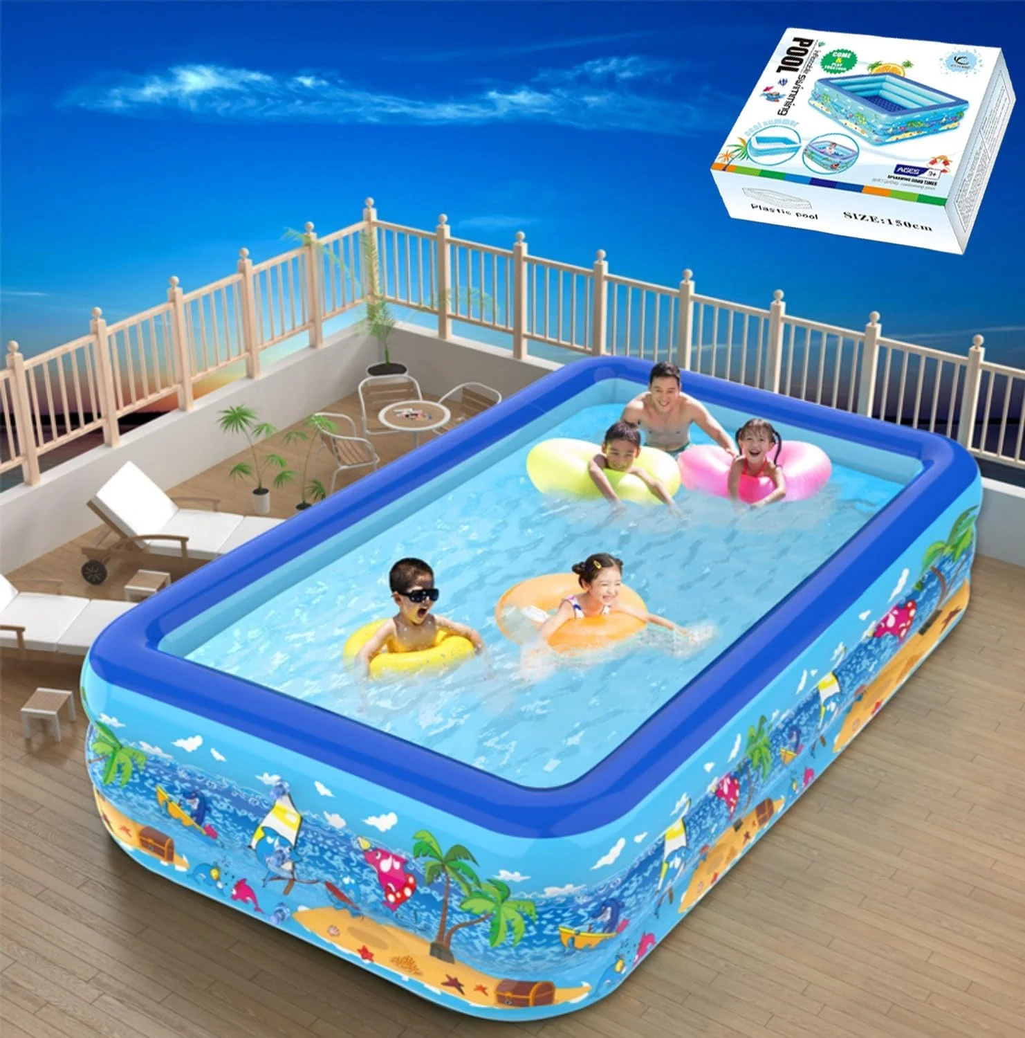 استخر بادی بزرگسال و کودک فوروبار، استخر مستطیلی ضخیم و بادوام برای باغ، حیاط، چمن، فضای باز و مهمانی آب تابستانی (300 * 175 * 58 سانتی متر)