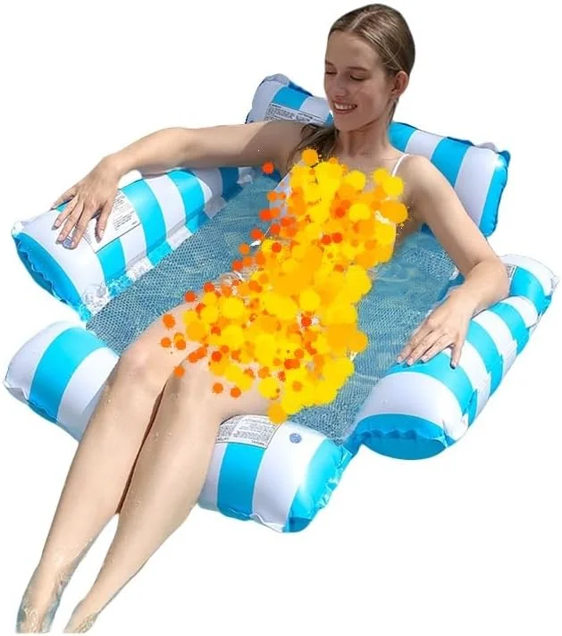 تخت بادی شناور استخری، راه راه آبی و سفید، تخت آویز آبی با تکیه گاه سر، بازوبند شناور