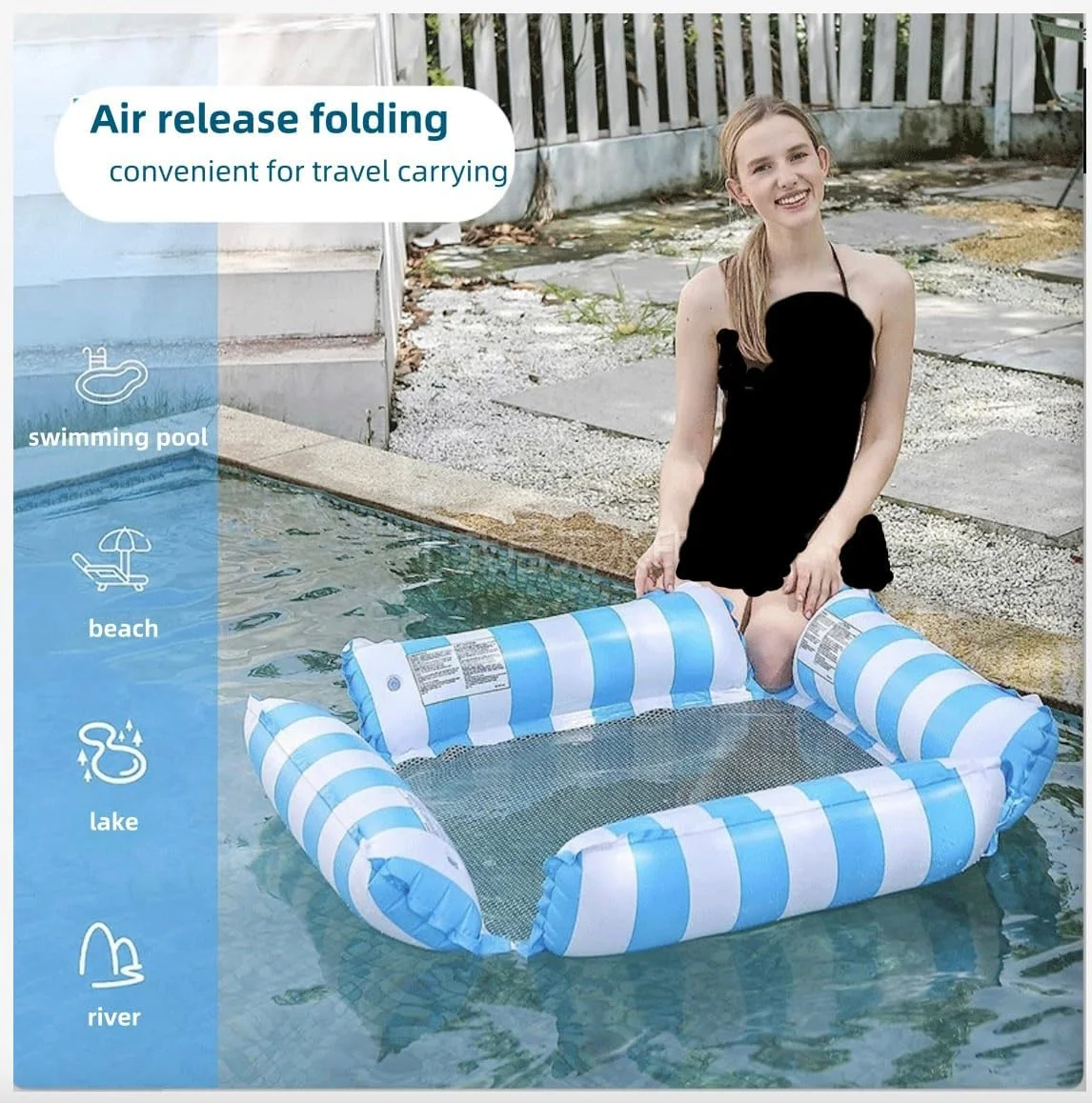 تخت بادی شناور استخری، راه راه آبی و سفید، تخت آویز آبی با تکیه گاه سر، بازوبند شناور