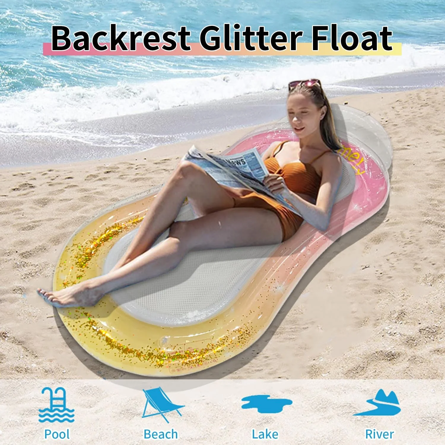 تخت بادی و شناور استخر با تکیه گاه سر برای بزرگسالان، مناسب برای استراحت در استخر، دریاچه، ساحل و مهمانی های استخری