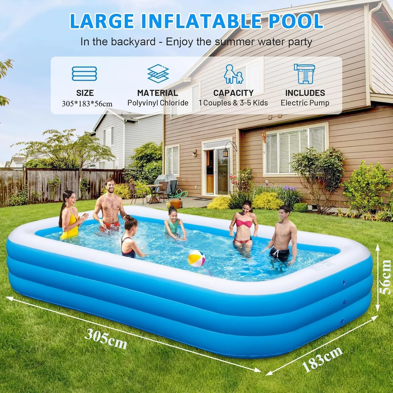 استخر بادی بزرگسال فوروبار به همراه پمپ، 305 * 183 * 56 سانتی متر، ضخیم شده و مناسب برای استخرهای بادی خانوادگی، حیاط خلوت، باغ و مهمانی آب تابستانی