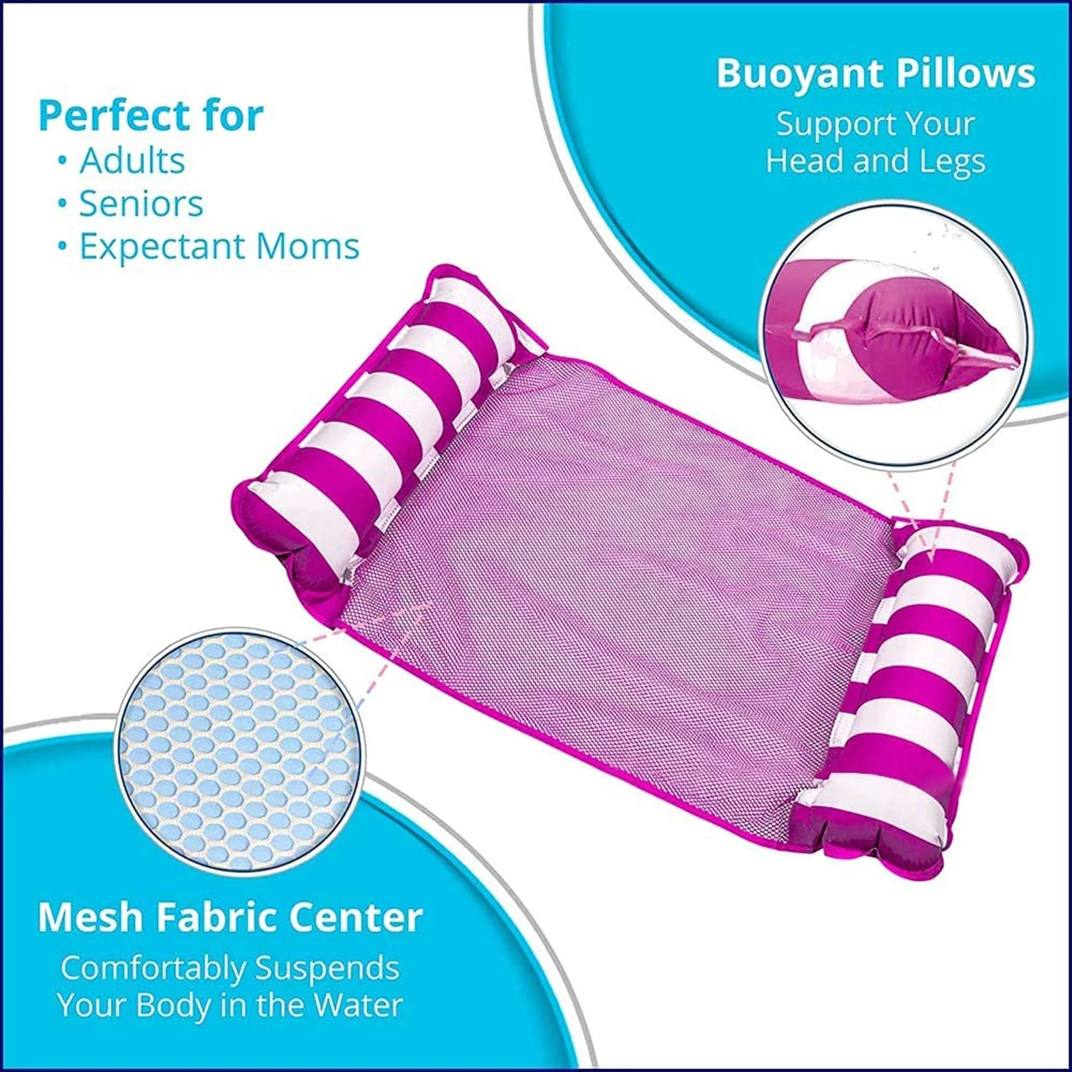 تخت شناور استخر دلفینو، بسته 2 عددی صورتی و آبی روشن، شناور بادی چند منظوره 4 در 1، صندلی شناور بادی تفریحی برای استخر پشتی خانه برای بزرگسالان و کودکان