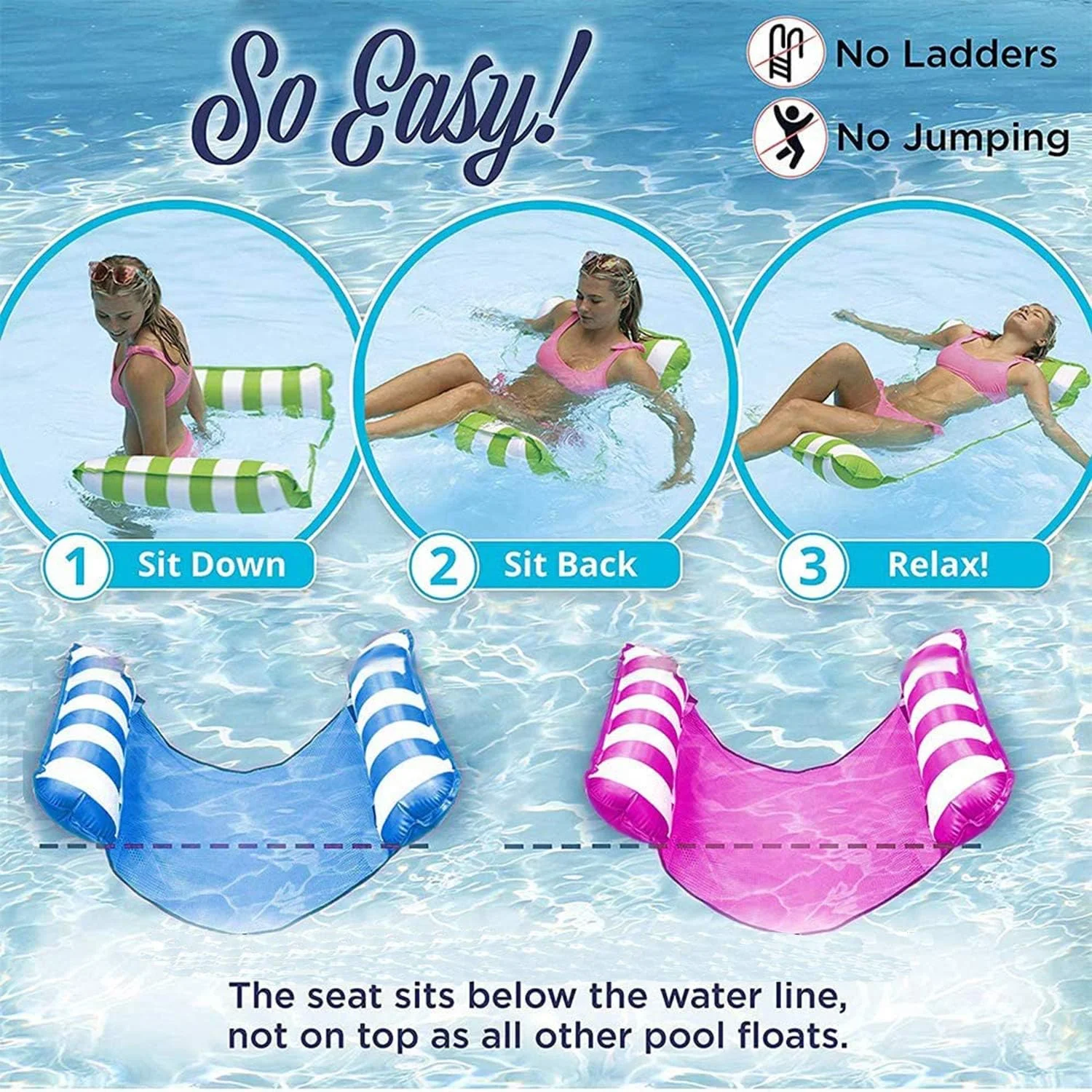 تخت شناور استخر دلفینو، بسته 2 عددی صورتی و آبی روشن، شناور بادی چند منظوره 4 در 1، صندلی شناور بادی تفریحی برای استخر پشتی خانه برای بزرگسالان و کودکان