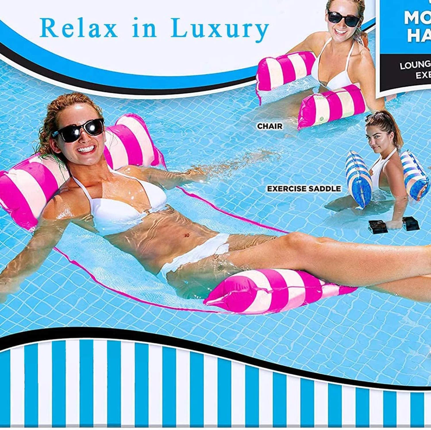 تخت شناور استخر دلفینو، بسته 2 عددی صورتی و آبی روشن، شناور بادی چند منظوره 4 در 1، صندلی شناور بادی تفریحی برای استخر پشتی خانه برای بزرگسالان و کودکان