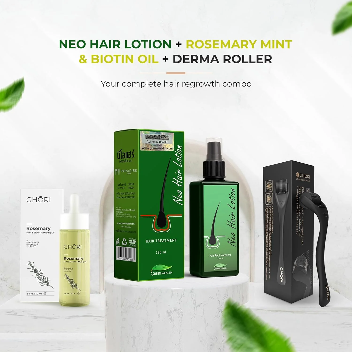 لوسیون موی گوری گرین ولث نئو هیر 120 میلی لیتر با روغن رزماری نعناع و بیوتین و درمارولر با 540 میکرونیدل تیتانیومی برای درمان رشد مجدد مو (0.50MM، لوسیون نئو هیر و روغن رزماری)