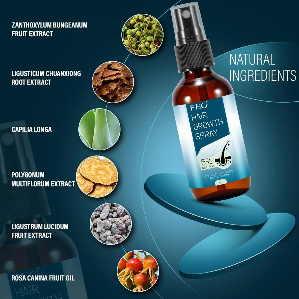 اسپری سرم رشد مو FEG حاوی 5% ماینوکسیدیل | ماینوکسیدیل برای رشد مو و ریش آقایان و خانم ها، سرم درمان رشد مجدد مو حاوی بیوتین برای داشتن روغن رشد موی ضخیم تر و سالم تر