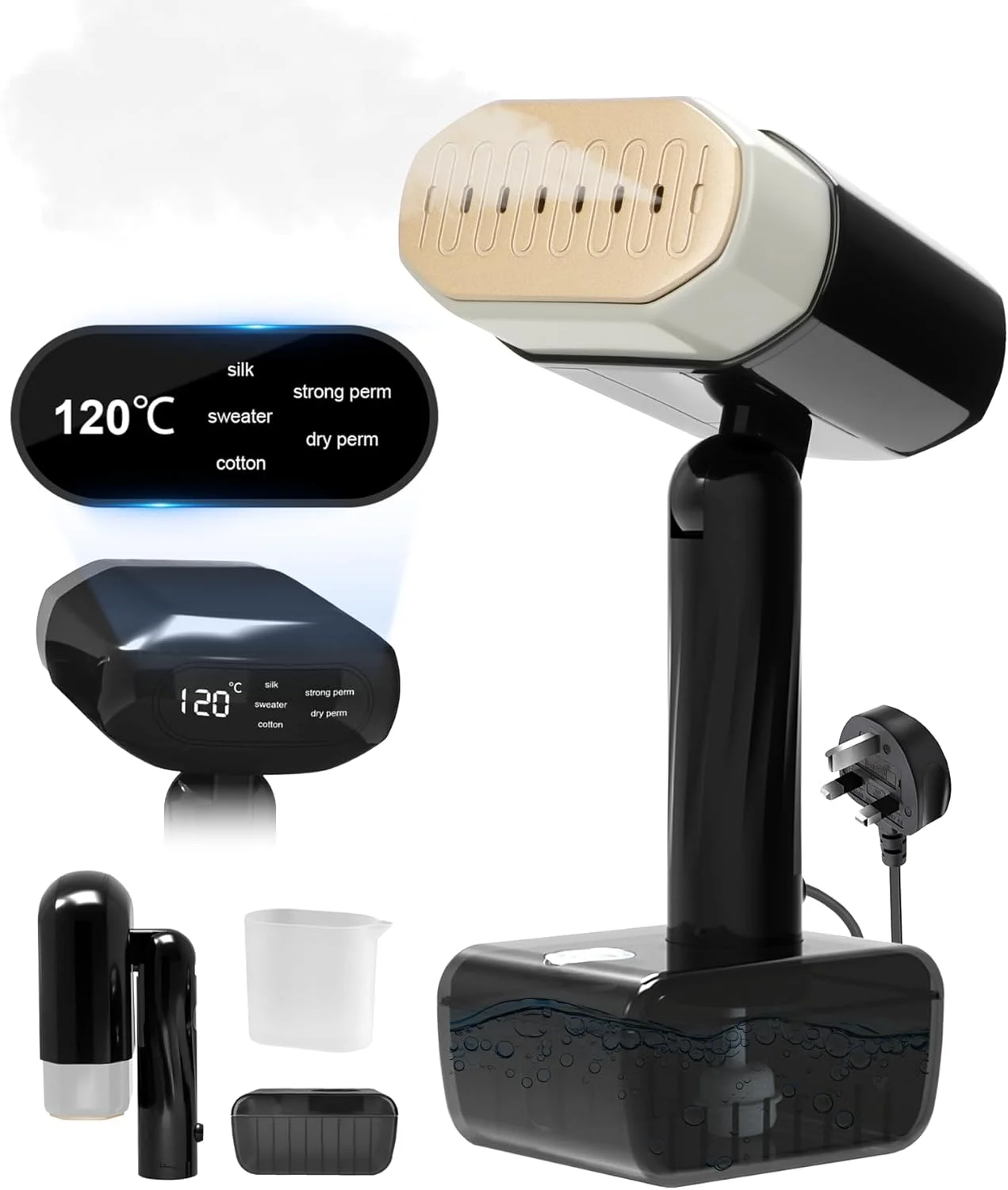 اتو بخار دستی 2 در 1 WEKUBA | بخارگر لباس قابل حمل 1800 وات | بخارگر مسافرتی تاشو | گرم شدن سریع 10 ثانیه ای | 5 تنظیمات بخار | مخزن آب جداشدنی 330 میلی لیتری | مشکی