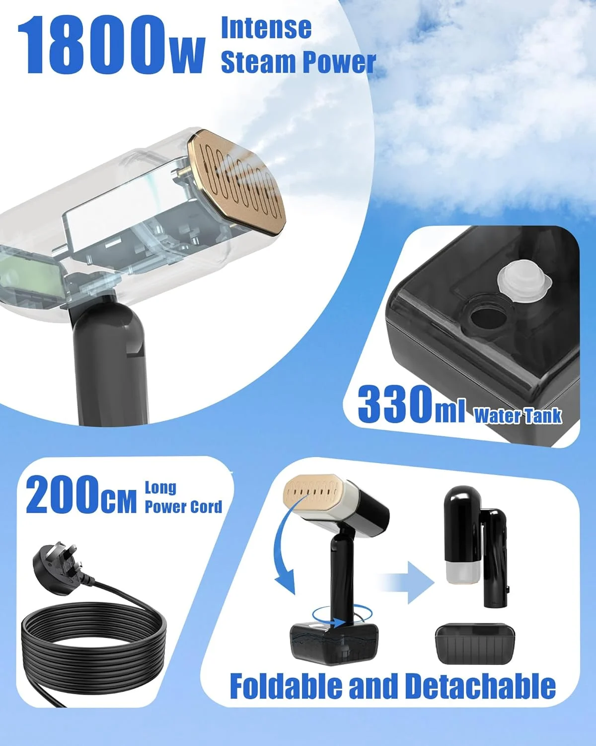 اتو بخار دستی 2 در 1 WEKUBA | بخارگر لباس قابل حمل 1800 وات | بخارگر مسافرتی تاشو | گرم شدن سریع 10 ثانیه ای | 5 تنظیمات بخار | مخزن آب جداشدنی 330 میلی لیتری | مشکی