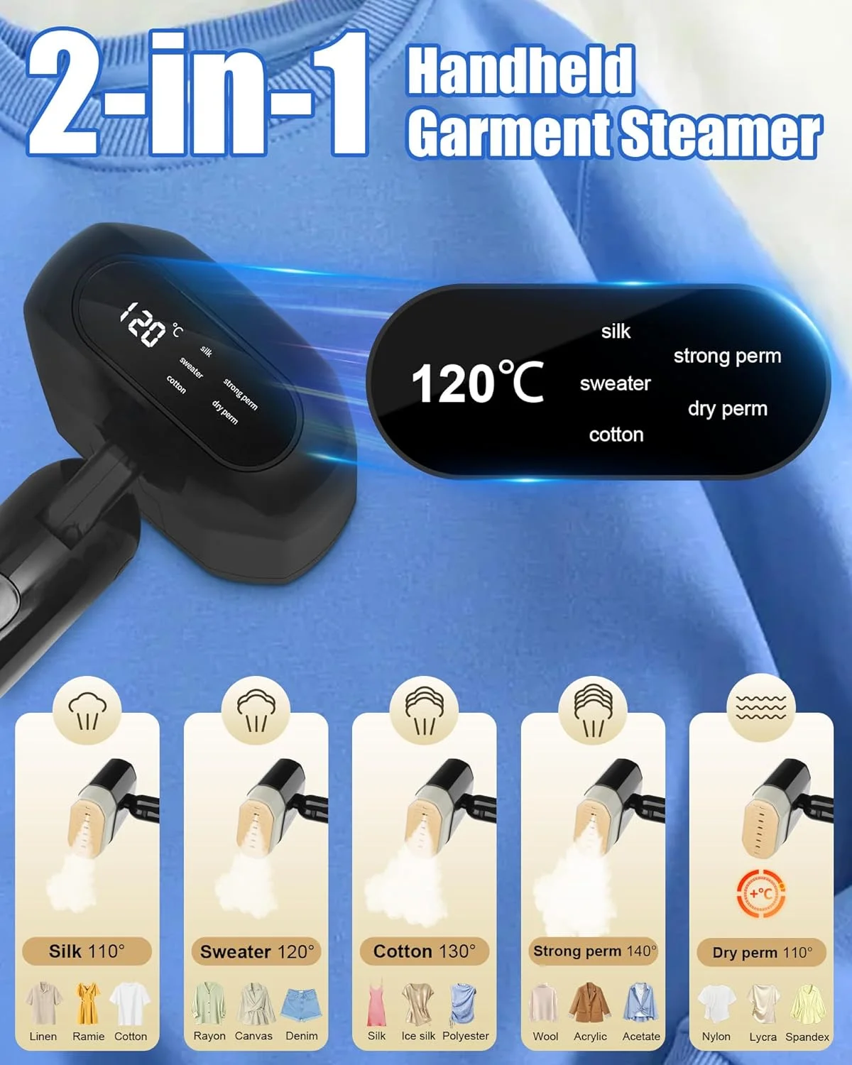 اتو بخار دستی 2 در 1 WEKUBA | بخارگر لباس قابل حمل 1800 وات | بخارگر مسافرتی تاشو | گرم شدن سریع 10 ثانیه ای | 5 تنظیمات بخار | مخزن آب جداشدنی 330 میلی لیتری | مشکی