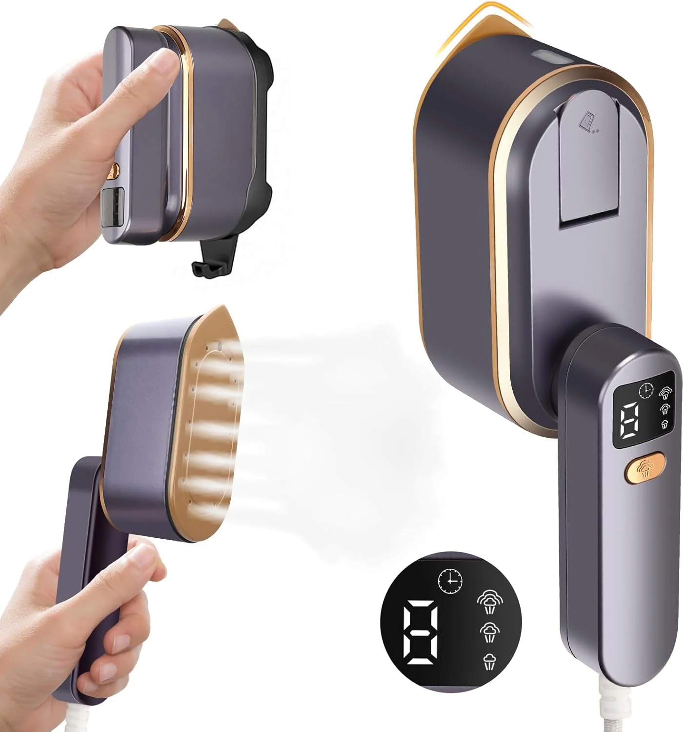 اتو بخار مسافرتی لباس با صفحه نمایش LED، اتو بخار قابل حمل 2 در 1، دارای 3 سطح بخار و مخزن آب 150 میلی لیتری، گرم شدن سریع 10 ثانیه ای، اتو بخار قدرتمند 1200 واتی تاشو 180 درجه برای از بین بردن چروک، مناسب برای مسافرت و خانه (بنفش)