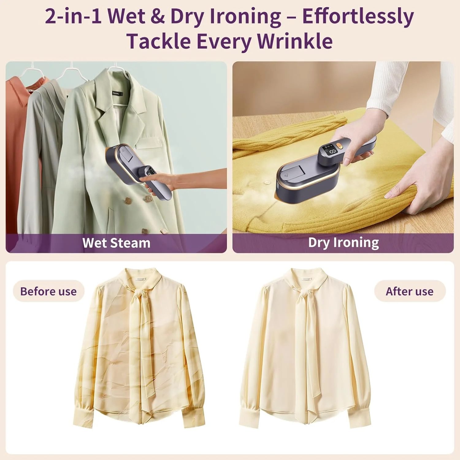 اتو بخار مسافرتی لباس با صفحه نمایش LED، اتو بخار قابل حمل 2 در 1، دارای 3 سطح بخار و مخزن آب 150 میلی لیتری، گرم شدن سریع 10 ثانیه ای، اتو بخار قدرتمند 1200 واتی تاشو 180 درجه برای از بین بردن چروک، مناسب برای مسافرت و خانه (بنفش)