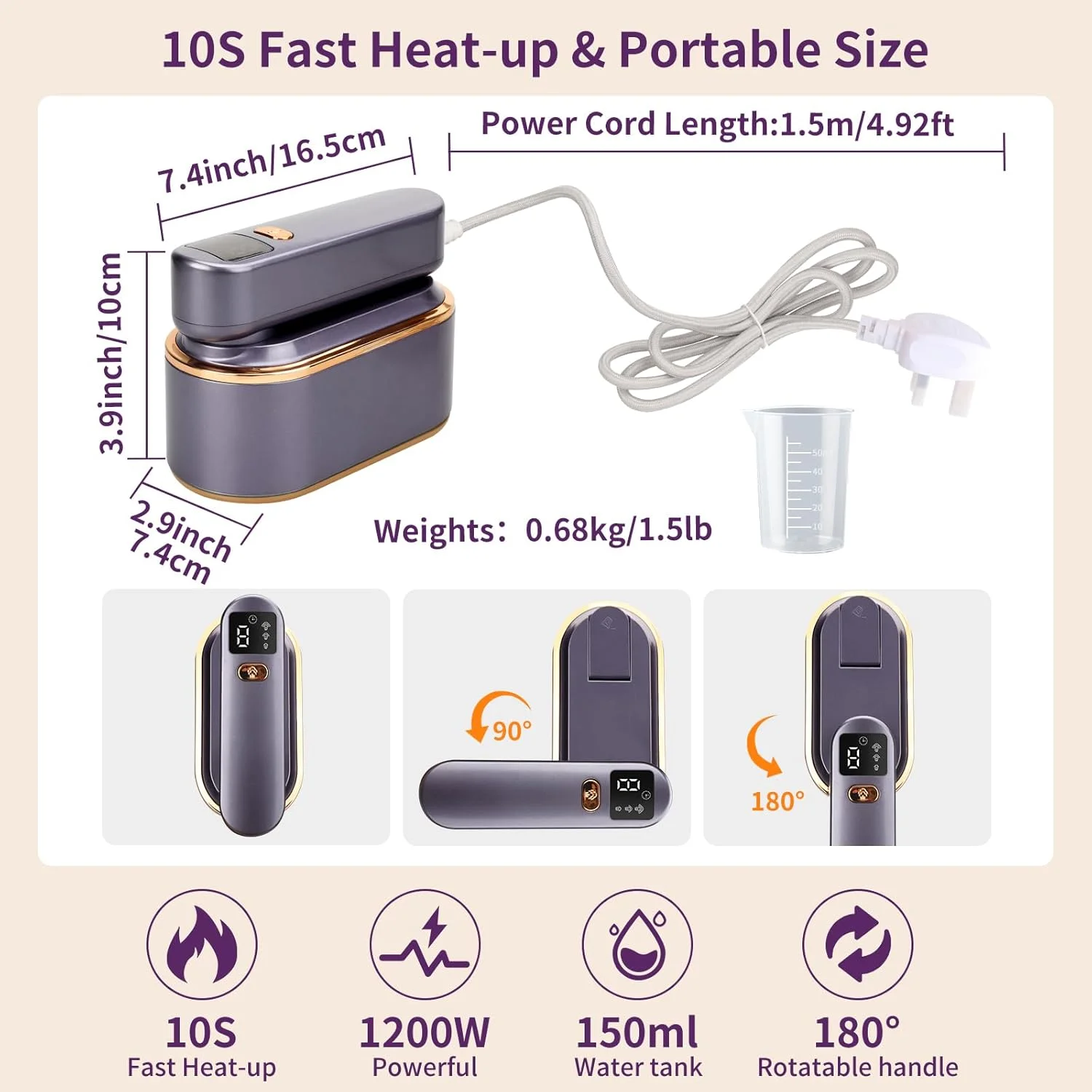 اتو بخار مسافرتی لباس با صفحه نمایش LED، اتو بخار قابل حمل 2 در 1، دارای 3 سطح بخار و مخزن آب 150 میلی لیتری، گرم شدن سریع 10 ثانیه ای، اتو بخار قدرتمند 1200 واتی تاشو 180 درجه برای از بین بردن چروک، مناسب برای مسافرت و خانه (بنفش)