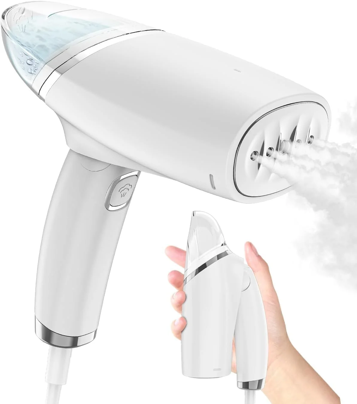 بخارگر لباس قابل حمل TECHVIDA، بخارگر لباس، اتو بخار دستی لباس، از بین برنده چروک پارچه، گرم شدن سریع 25 ثانیه ای برای مسافرت، خانه و سفر کاری، سفید