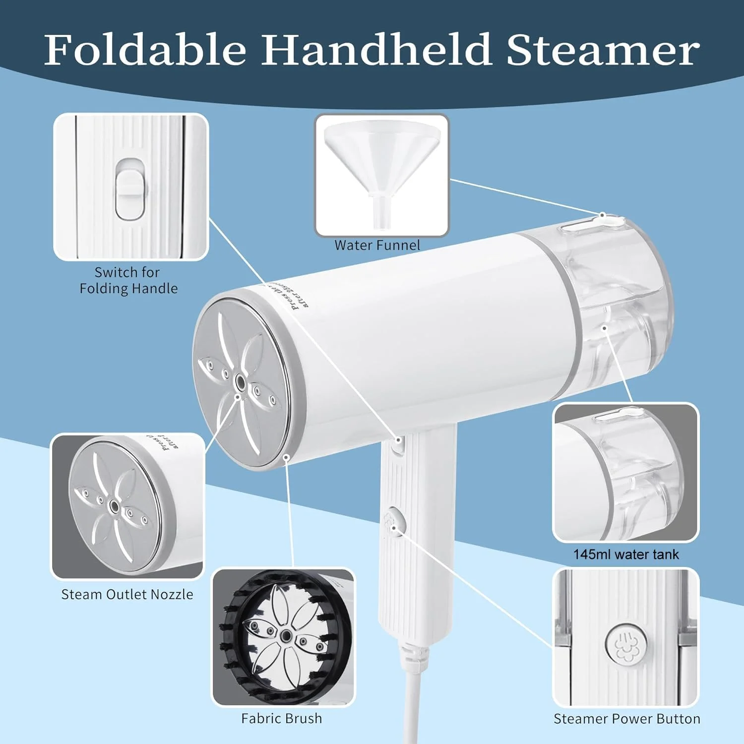 اتو بخار مسافرتی تاشو سوپکاتی، مخزن آب 145 میلی لیتری، گرم شدن سریع 16 ثانیه ای، سبک وزن، اتو بخار لباس با برس و قیف برای مسافرت و منزل و محل کار اتو بخار مسافرتی تاشو سوپکاتی، مخزن آب 145 میلی لیتری، گرم شدن سریع 16 ثانیه ای، سبک وزن، اتو بخار لباس با برس و قیف برای مسافرت و منزل و محل کار