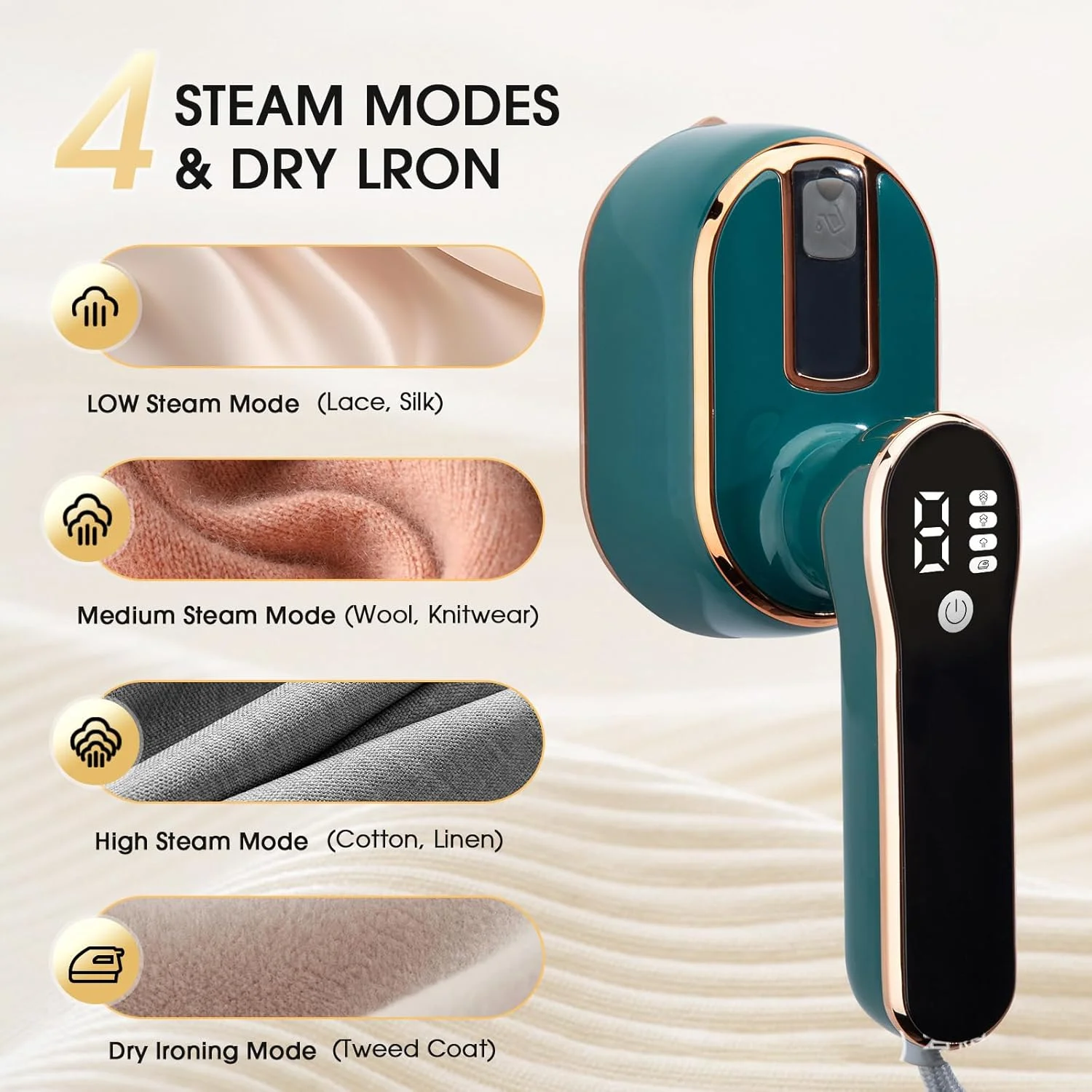 اتو بخار مسافرتی TEHONGMAI برای لباس - اتو بخار دستی 1000 وات قابل حمل برای پارچه و لباس، مخزن آب 100 میلی لیتری، 3 سطح خروجی بخار، گرم شدن سریع 10 ثانیه ای، اتو صفحه نمایش LCD برای خانه و مسافرت، سبز